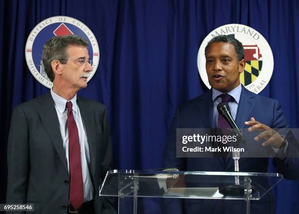 Maryland Attorney General Brian Frosh and District of Columbia Attorney General Karl Racine speak to the media about filing a lawsuit against U.S....