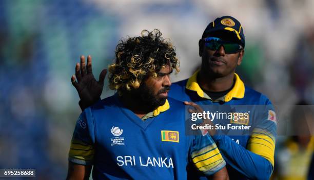 Sri Lanka bowler Lasith Malinga reacts after the ICC Champions League match between Sri Lanka and Pakistan at SWALEC Stadium on June 12, 2017 in...