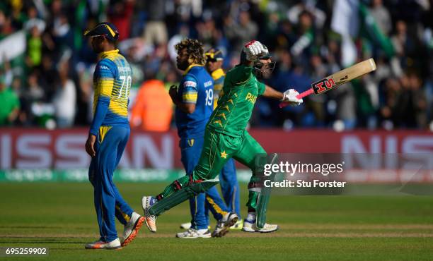 Pakistan Sarfraz Ahmed celebrates hitting the winning runs during the ICC Champions League match between Sri Lanka and Pakistan at SWALEC Stadium on...