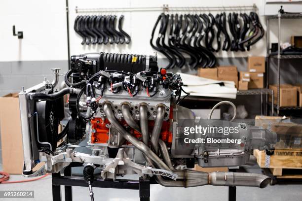 General Motors Co. Chevrolet COPO Camaro performance engine sits inside the company's build center in Oxford, Michigan, U.S., on Friday, April 21,...