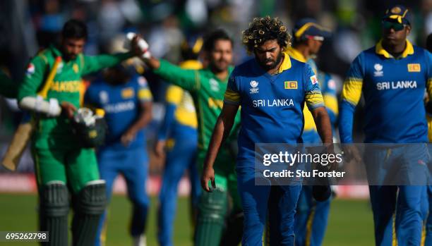 Sri Lanka bowler Lasith Malinga reacts as he leaves the field after the ICC Champions League match between Sri Lanka and Pakistan at SWALEC Stadium...