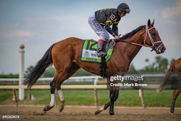 Jockey John Velazquez warms up Patch right before The 149th running of the Belmont Stakes at Belmont Park on June 10, 2017 in Elmont, New York..