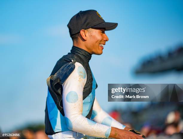 Jockey Jose Ortiz on Tapwrit celebrates after winning The 149th running of the Belmont Stakes at Belmont Park on June 10, 2017 in Elmont, New York..