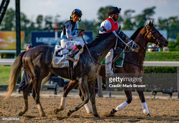 Jockey Jose Ortiz on Tapwrit celebrates after winning The 149th running of the Belmont Stakes at Belmont Park on June 10, 2017 in Elmont, New York..
