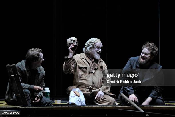 Jacques Imbrailo as Horatio, John Tomlinson as Gravedigger and Allan Clayton as Hamlet in Glyndebourne's production of Brett Dean's Hamlet directed...