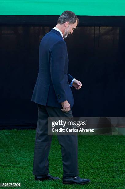 King Felipe VI of Spain attends COTECT event at the Vicente Calderon Stadium on June 12, 2017 in Madrid, Spain.