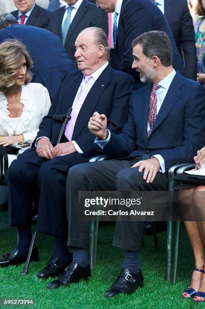 President of COTEC Foundation Cristina Garmendia King Juan Carlos and King Felipe VI of Spain attend COTECT event at the Vicente Calderon Stadium on...