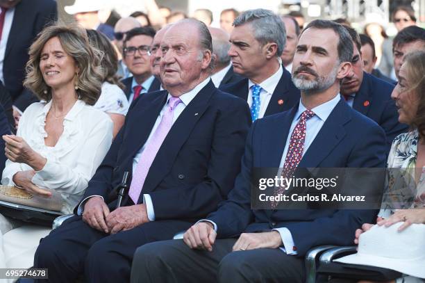 President of COTEC Foundation Cristina Garmendia King Juan Carlos and King Felipe VI of Spain attend COTECT event at the Vicente Calderon Stadium on...