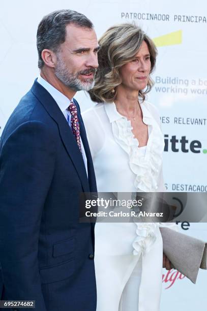 King Felipe VI of Spain and President of COTEC Foundation Cristina Garmendia attend COTECT event at the Vicente Calderon Stadium on June 12, 2017 in...
