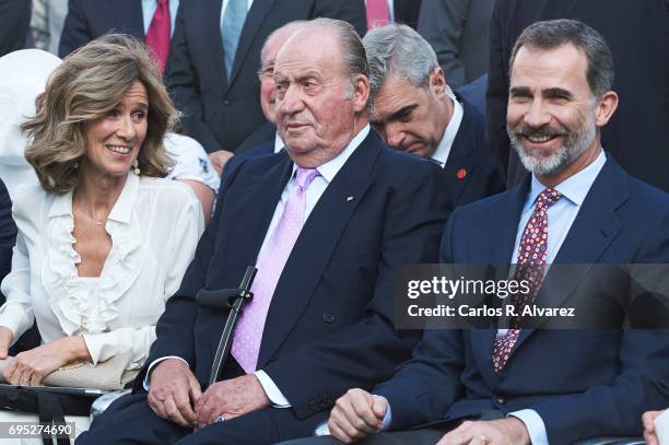 President of COTEC Foundation Cristina Garmendia King Juan Carlos and King Felipe VI of Spain attend COTECT event at the Vicente Calderon Stadium on...