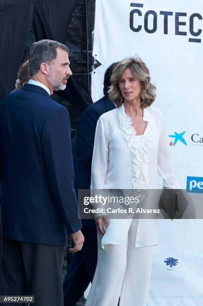 King Felipe VI of Spain and President of COTEC Foundation Cristina Garmendia attend COTECT event at the Vicente Calderon Stadium on June 12, 2017 in...