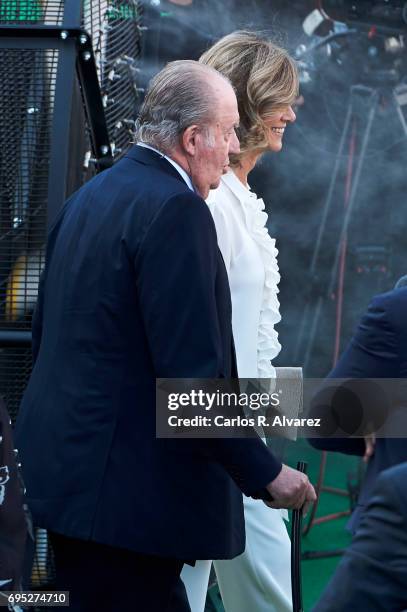 President of COTEC Foundation Cristina Garmendia and King Juan Carlos attend COTECT event at the Vicente Calderon Stadium on June 12, 2017 in Madrid,...