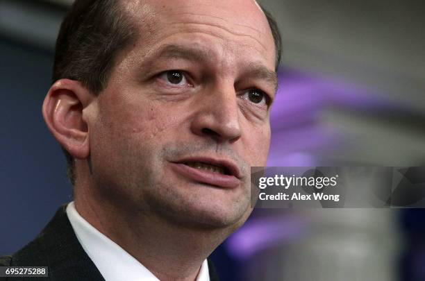 Secretary of Labor Alex Acosta speaks during a White House daily briefing at the James Brady Press Briefing Room of the White House June 12, 2017 in...