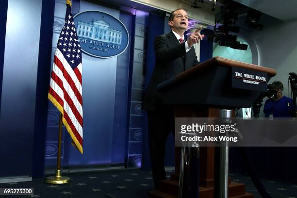 Secretary of Labor Alex Acosta speaks during a White House daily briefing at the James Brady Press Briefing Room of the White House June 12, 2017 in...
