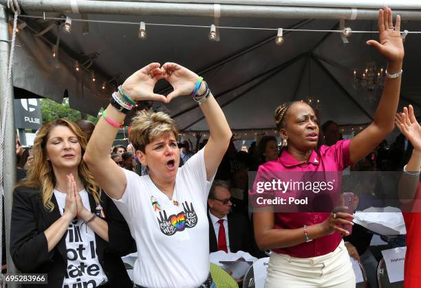 Barbara Poma, owner of Pulse nightclub, Patty Sheehan, city commissioner, and Regina Hill, city commissioner, attend the one-year anniversary...