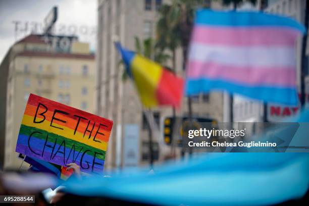 Participants march at the LA Pride ResistMarch on June 11, 2017 in West Hollywood, California.