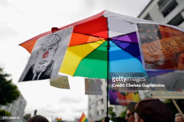Participants march during the LA Pride ResistMarch on June 11, 2017 in West Hollywood, California.