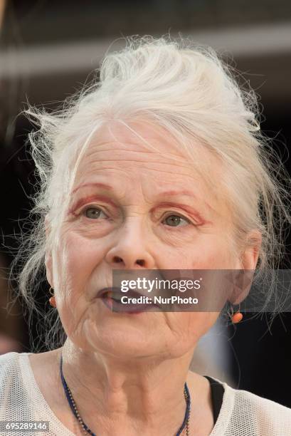 Portrait of British fashion designer Vivienne Westwood at her fashion show during the London Fashion Week Men's, in London on June 12, 2017