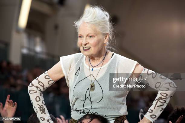 British fashion designer Vivienne Westwood at her fashion show during the London Fashion Week Men's, in London on June 12, 2017