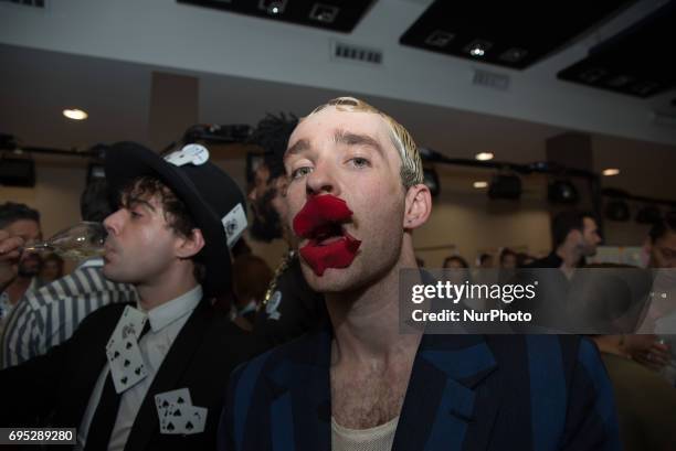 British fashion designer Vivienne Westwood at her fashion show during the London Fashion Week Men's, in London on June 12, 2017