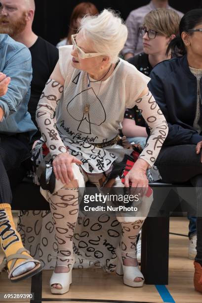 British fashion designer Vivienne Westwood at her fashion show during the London Fashion Week Men's, in London on June 12, 2017
