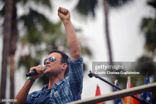 Actor/singer Cheyenne Jackson performs the national anthem at the LA Pride ResistMarch on June 11, 2017 in West Hollywood, California.