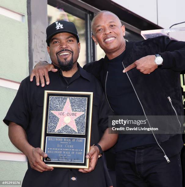 Recording artist/actor Ice Cube and record producer Dr. Dre attend Ice Cube being honored with a Star on the Hollywood Walk of Fame on June 12, 2017...