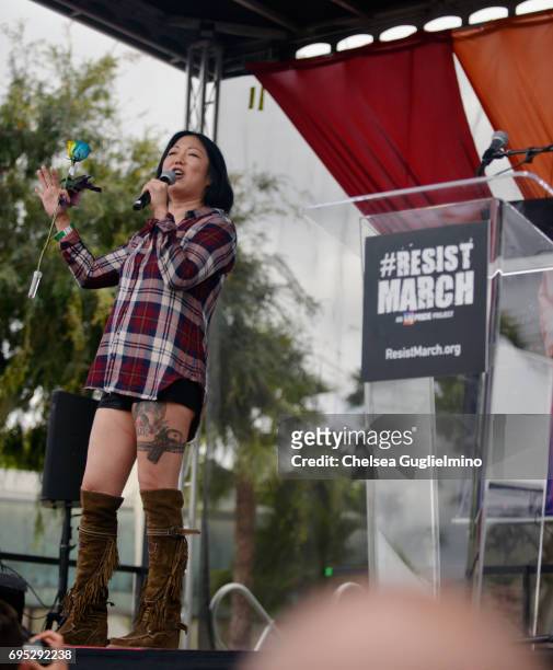 Margaret Cho speaks at the LA Pride ResistMarch on June 11, 2017 in West Hollywood, California.