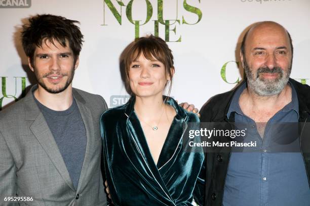 Actors Francois Civil, Ana Girardot and director Cedric Klapisch attend 'Ce qui Nous Lie' Premiere on June 12, 2017 in Paris, France.