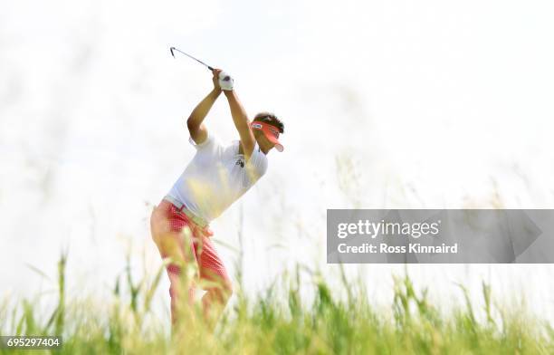 Yuta Ikeda of Japan plays a shot during a practice round prior to the 2017 U.S. Open at Erin Hills on June 12, 2017 in Hartford, Wisconsin.