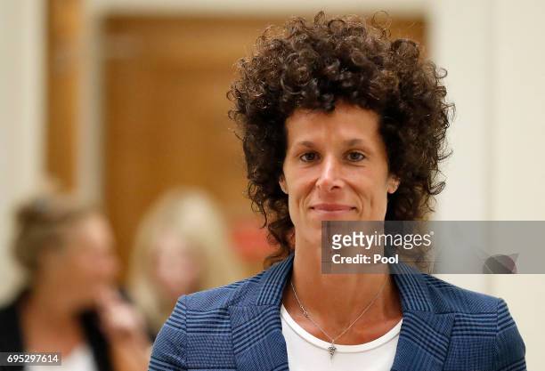 Accuser Andrea Constand leaves the courtroom after closing arguments in the sexual assault trial of entertainer Bill Cosby at the Montgomery County...