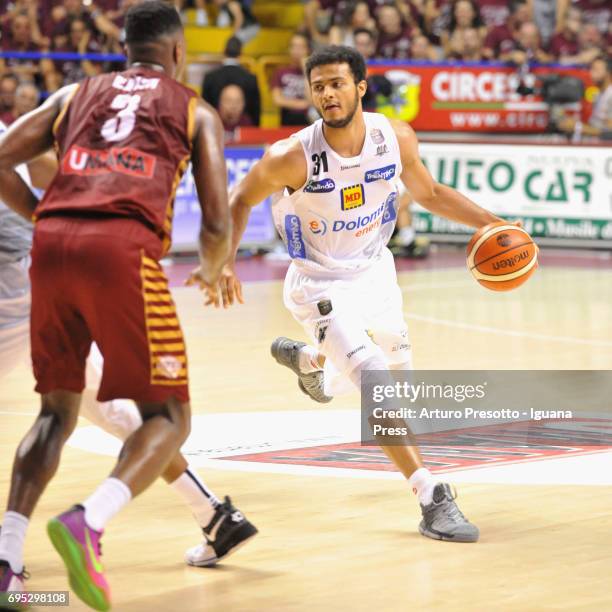 Shavon Shields of Dolomiti competes with Melvin Ejim of Umana during the match game 1of play off final series of LBA Legabasket of Serie A1 between...