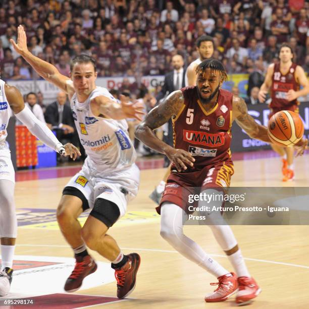 Julyan Stone of Umana competes with Aaron Craft of Dolomiti during the match game 1of play off final series of LBA Legabasket of Serie A1 between...