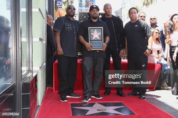 Ren, Ice Cube, Dr. Dre and DJ Yella attend a Ceremony Honoring Ice Cube With Star On The Hollywood Walk Of Fame on June 12, 2017 in Hollywood,...