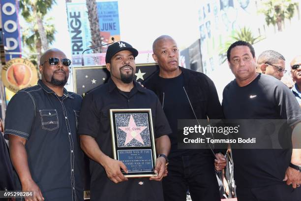 Ren, Ice Cube, Dr. Dre and DJ Yella attend a Ceremony Honoring Ice Cube With Star On The Hollywood Walk Of Fame on June 12, 2017 in Hollywood,...