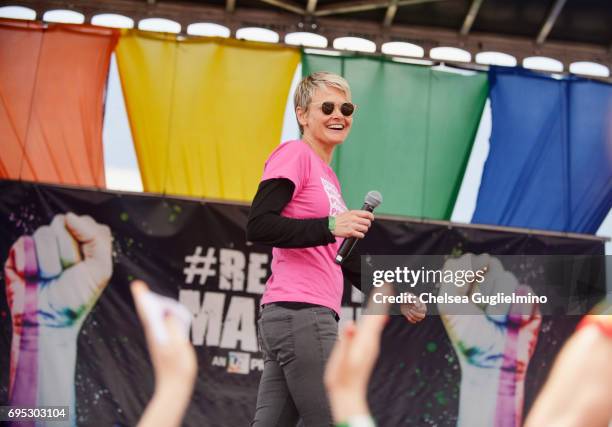 President and CEO of Planned Parenthood Sue Dunlap speaks at the LA Pride ResistMarch on June 11, 2017 in West Hollywood, California.