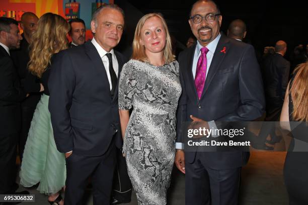 Luiz Loures, Emma Fowlds and Michel Sidibe, UNAIDS Executive Director, attend the UNAIDS Gala during Design Miami / Basel 2017 on June 12, 2017 in...