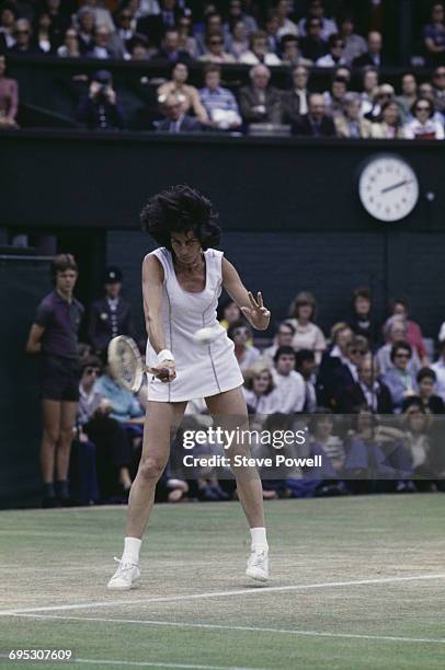 Virginia Wade of Great Britain makes a forehand return against Chris Evert during their Women's Singles Semi Final match at the Wimbledon Lawn Tennis...