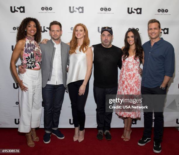 Script Reading Presented by USA Network -- Pictured: Gina Torres, Patrick J. Adams, Sarah Rafferty, Rick Hoffman, Meghan Markle, Gabriel Macht --