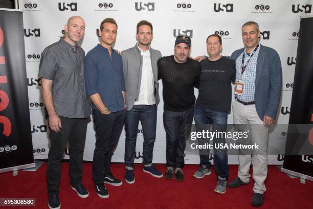 Script Reading Presented by USA Network -- Pictured: Gene Klein, Gabriel Macht, Patrick J. Adams, Rick Hoffman, Aaron Korsh, and David Bartis --