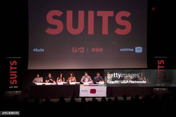 Script Reading Presented by USA Network -- Pictured: Robyn Ross of Entertainment Weekly, Aaron Korsh, Meghan Markle, Gina Torres, Patrick J. Adams,...