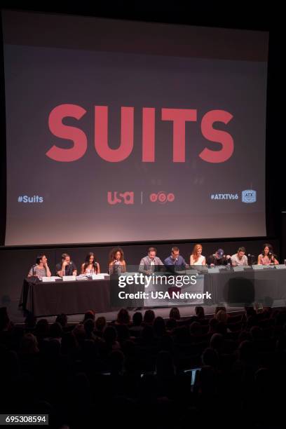 Script Reading Presented by USA Network -- Pictured: Robyn Ross of Entertainment Weekly, Aaron Korsh, Meghan Markle, Gina Torres, Patrick J. Adams,...