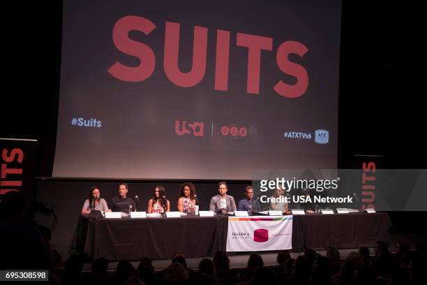 Script Reading Presented by USA Network -- Pictured: Robyn Ross of Entertainment Weekly, Aaron Korsh, Meghan Markle, Gina Torres, Patrick J. Adams,...
