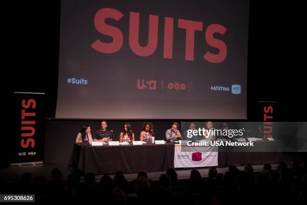 Script Reading Presented by USA Network -- Pictured: Robyn Ross of Entertainment Weekly, Aaron Korsh, Meghan Markle, Gina Torres, Patrick J. Adams,...