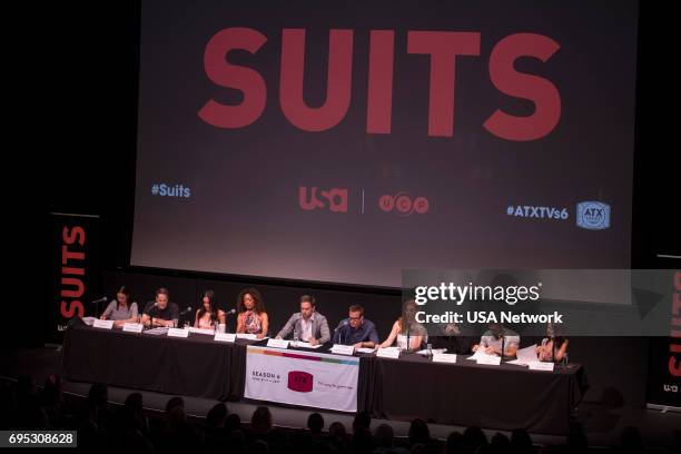 Script Reading Presented by USA Network -- Pictured: Robyn Ross of Entertainment Weekly, Aaron Korsh, Meghan Markle, Gina Torres, Patrick J. Adams,...