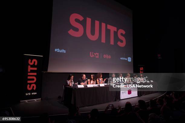 Script Reading Presented by USA Network -- Pictured: Robyn Ross of Entertainment Weekly, Aaron Korsh, Meghan Markle, Gina Torres, Patrick J. Adams,...