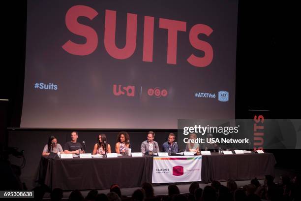 Script Reading Presented by USA Network -- Pictured: Robyn Ross of Entertainment Weekly, Aaron Korsh, Meghan Markle, Gina Torres, Patrick J. Adams,...