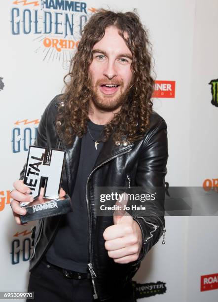 Joel O'Keefe of Airborne wins the Dimebag Darrell 'shredder' award at the Metal Hammer Golden God Awards at the O2 Indigo on June 12, 2017 in London,...