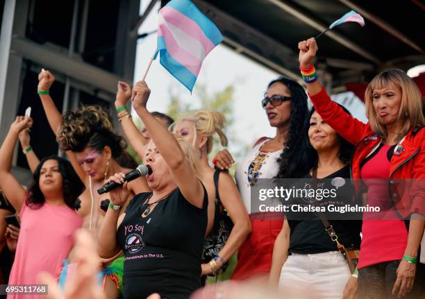 Trans activist Bamby Salcedo speaks at the LA Pride ResistMarch on June 11, 2017 in West Hollywood, California.