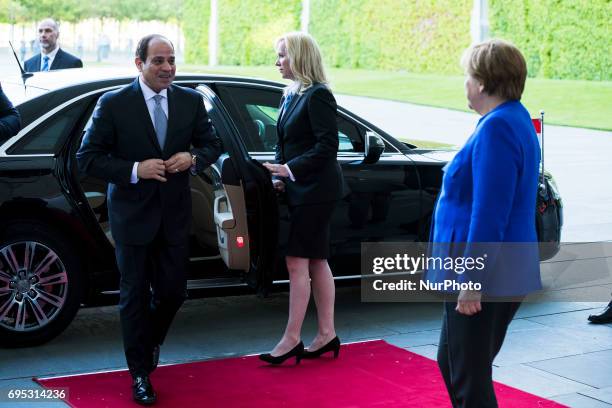 German Chancellor Angela Merkel greets Egyptian President Abdel Fattah al-Sisi as he arrives at the Chancellery in Berlin, Germany on June 12, 2017....